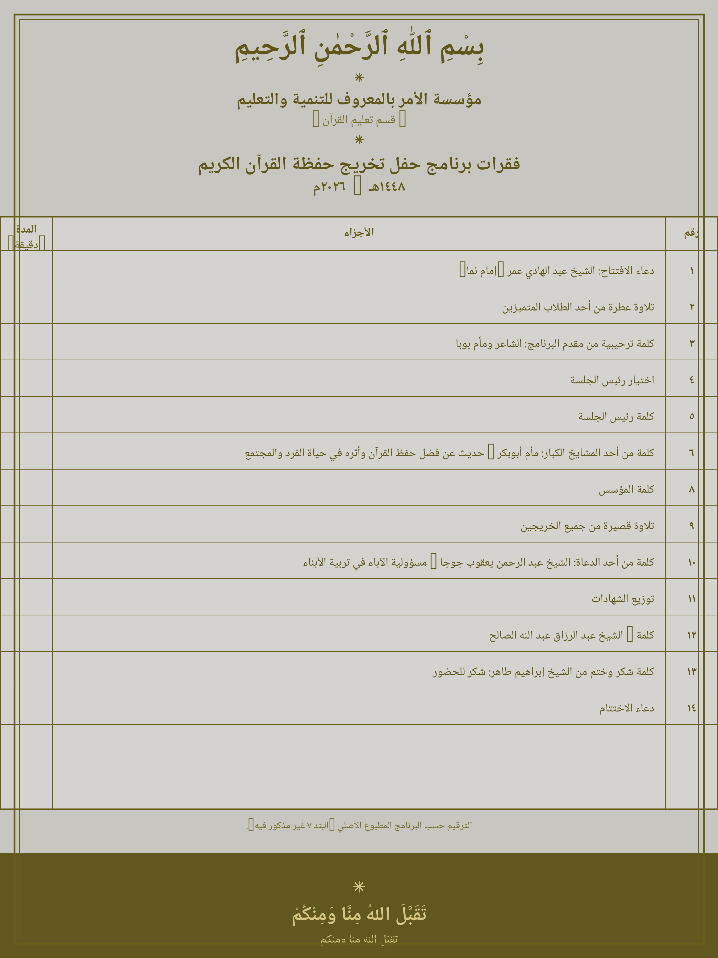 فقرات برنامج حفل تخريج حفظة القرآن الكريم لمؤسسة الأمر بالمعروف